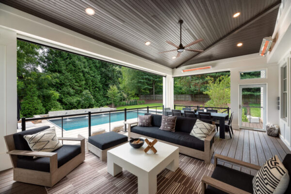 Outdoor covered patio near pool with ceiling fixtures installed