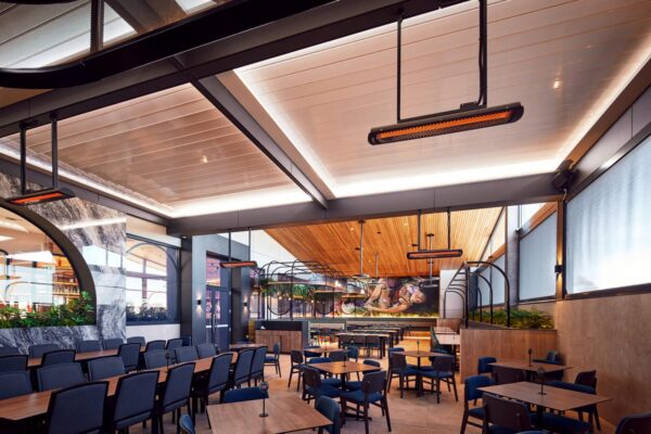 Tungsten electric ceiling heaters inside of restaurant