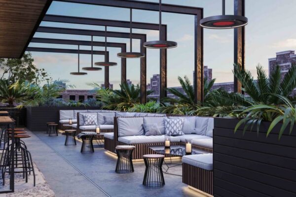 Eclipse electric pole fixtures above patio furniture on outdoor patio