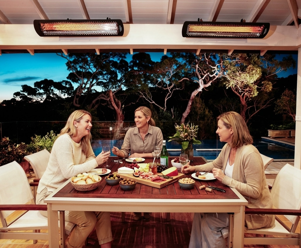 Patio fixtures installed over table in indoor/outdoor patio