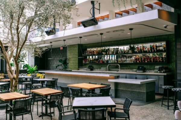 Heaters installed above bar and outdoor patio at restaurant